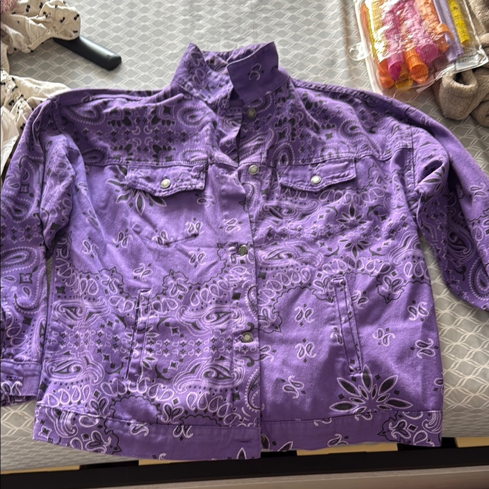 Nasty Gal Purple Jean Jacket with Floral Pattern